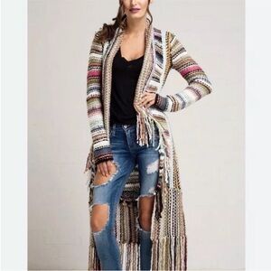 Free People T Party Cardigan Duster Multi Color Knit Fringe Coat of Many Colors